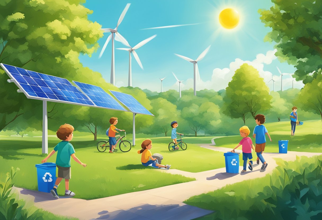 Children exploring solar panels, wind turbines, and recycling bins in a green park with trees and clear blue skies
