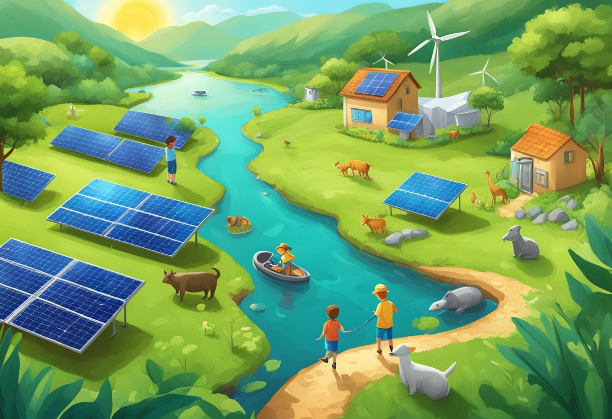 Children exploring solar panels and wind turbines in a lush green landscape with animals and clean water