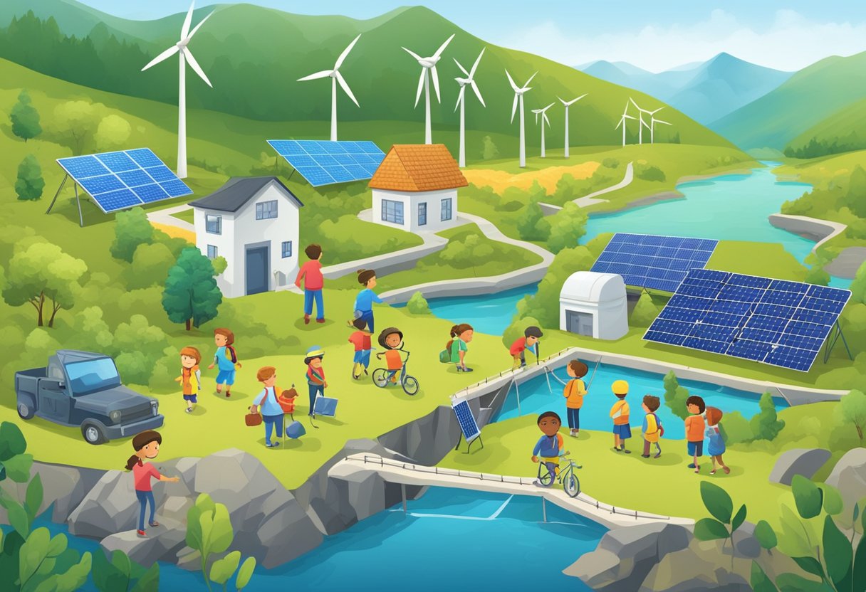 Children exploring various renewable energy sources: solar panels, wind turbines, hydroelectric dams, and geothermal power plants. They are engaged and curious, asking questions and learning about sustainable energy