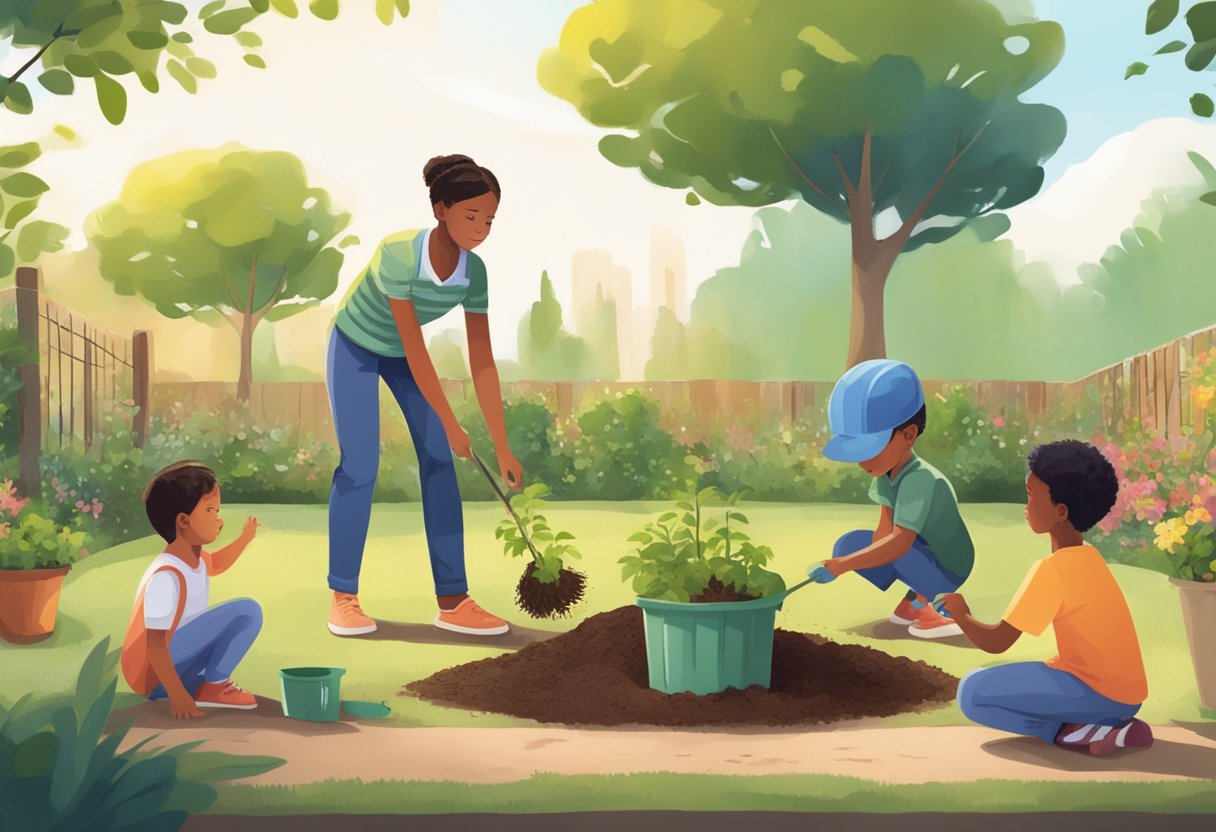 The Parent's Guide to Environmental Education: Simple Steps for Families Environmental Education, environment LearningMole A child planting a tree in a garden while their parent watches and guides them, with recycling bins in the background