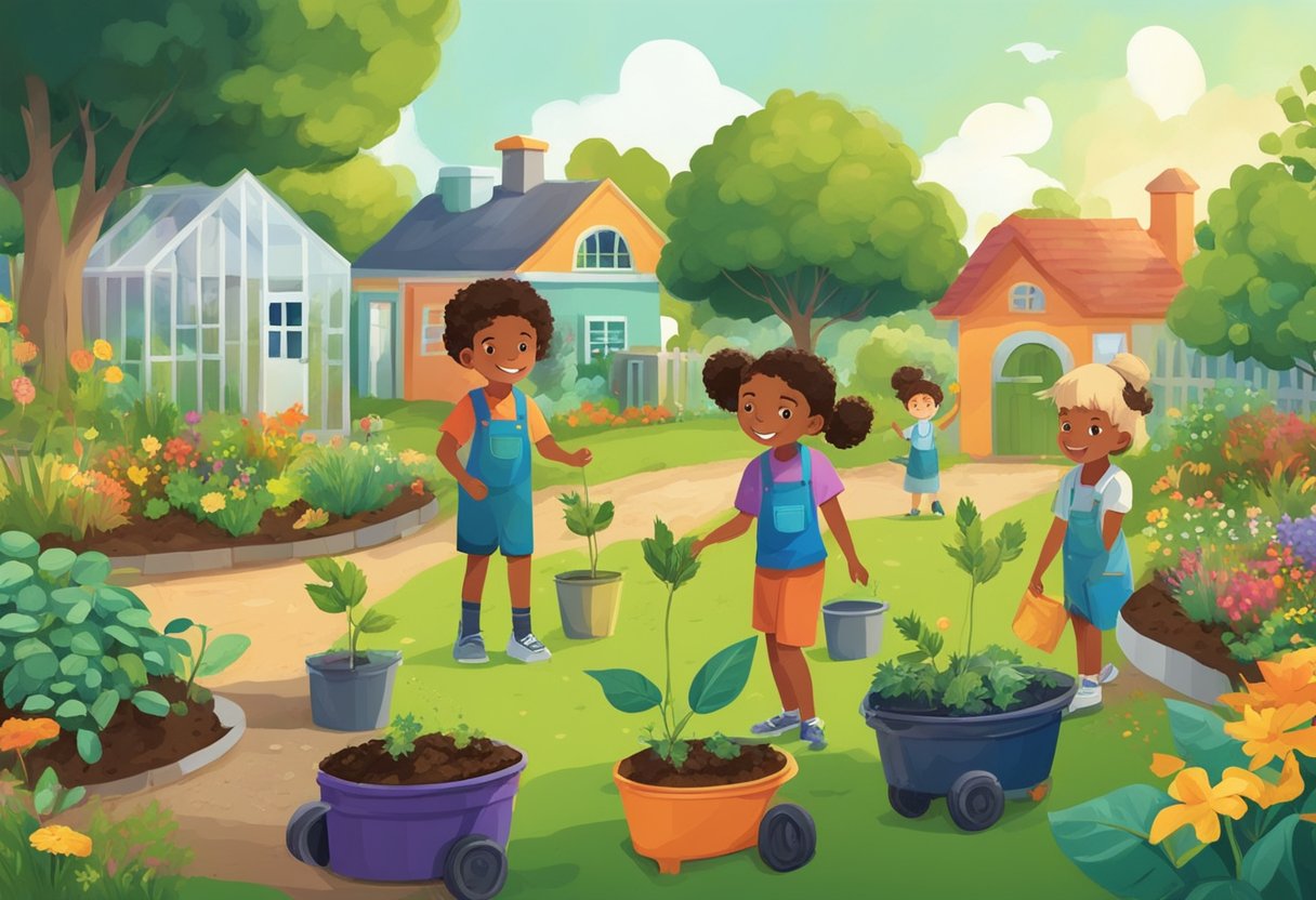 The Parent's Guide to Environmental Education: Simple Steps for Families Environmental Education, environment LearningMole Children planting trees in a vibrant garden, surrounded by diverse plants and animals. A compost bin and recycling station are nearby, promoting sustainability