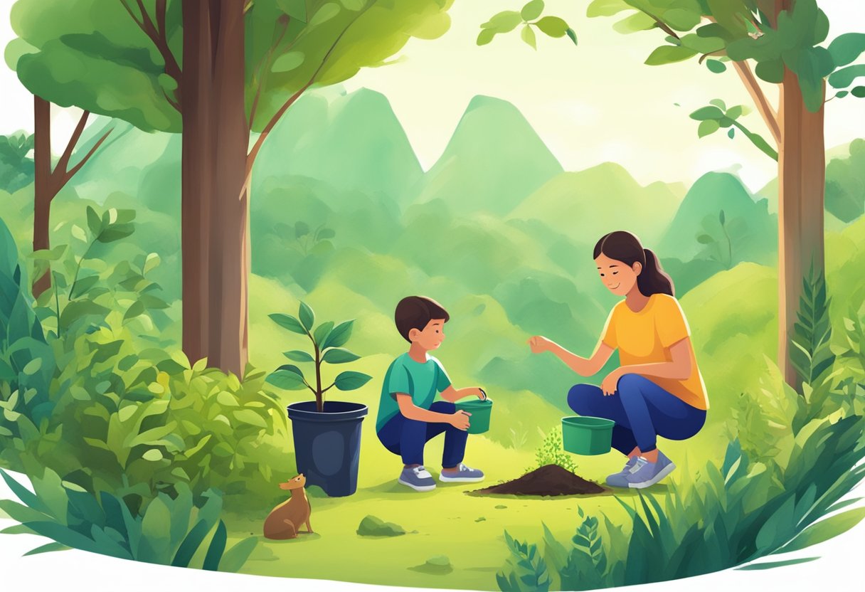 The Parent's Guide to Environmental Education: Simple Steps for Families Environmental Education, environment LearningMole A parent and child planting trees together in a lush, green environment, surrounded by wildlife and recycling bins