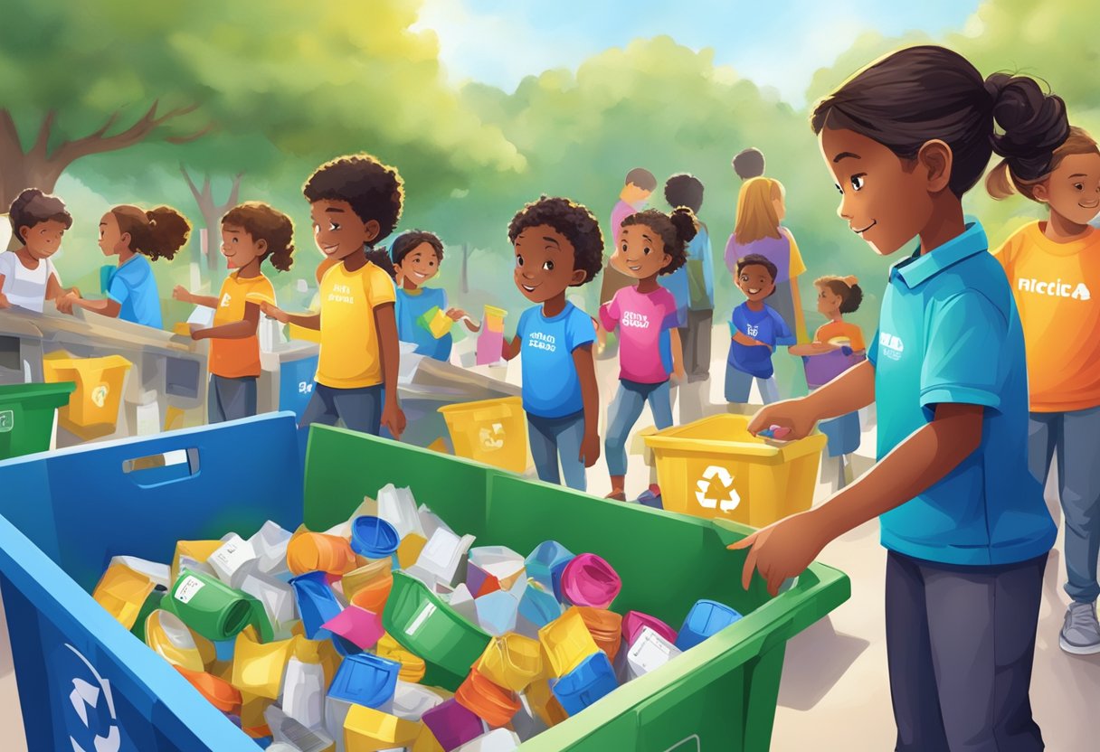 Children sorting recyclables into labeled bins at a colorful recycling station, while others create art from recycled materials