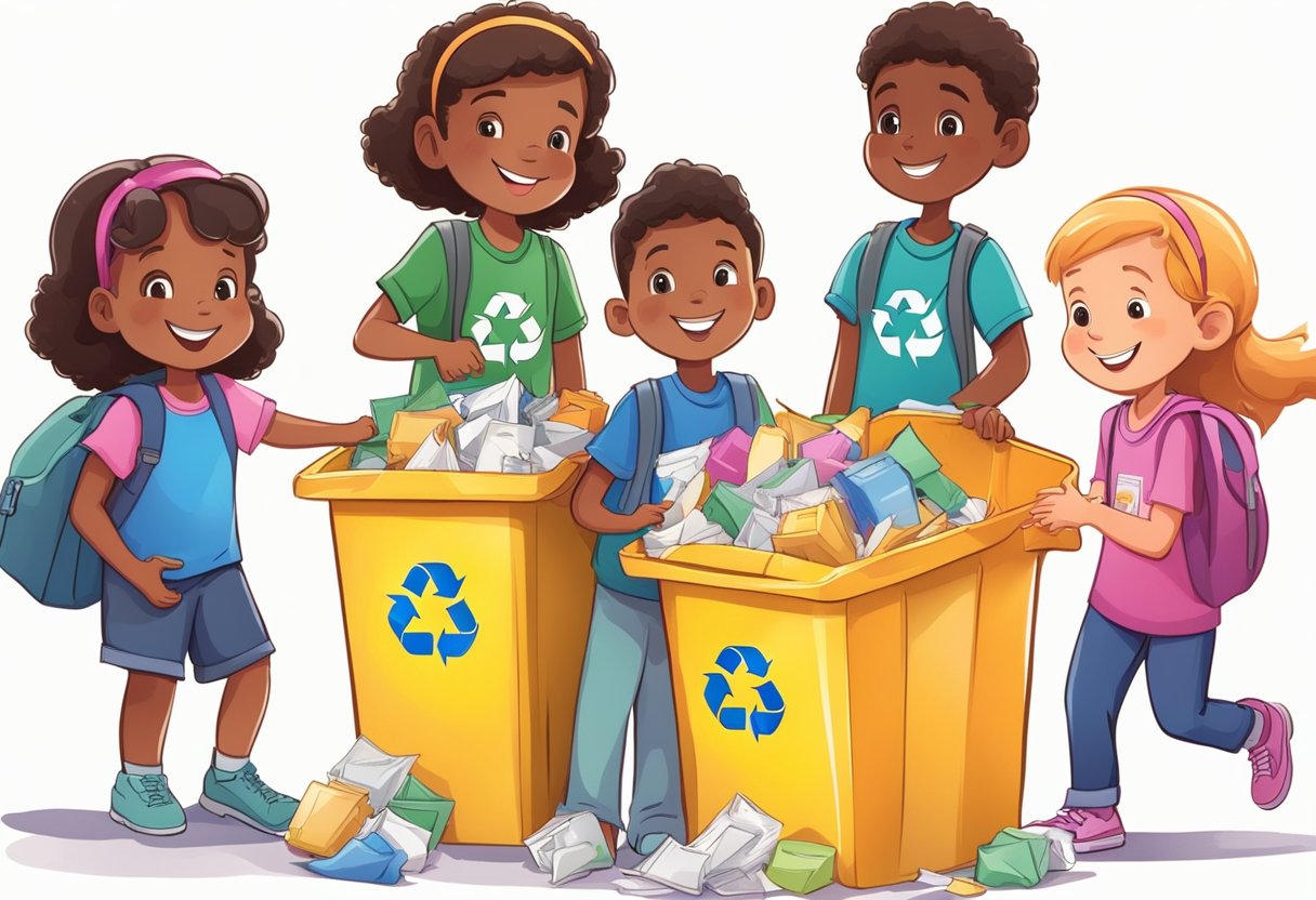 Colorful recycling bins overflowing with paper, plastic, and glass. Children eagerly sorting and placing items into the correct bins. Smiling faces as they earn rewards for their efforts