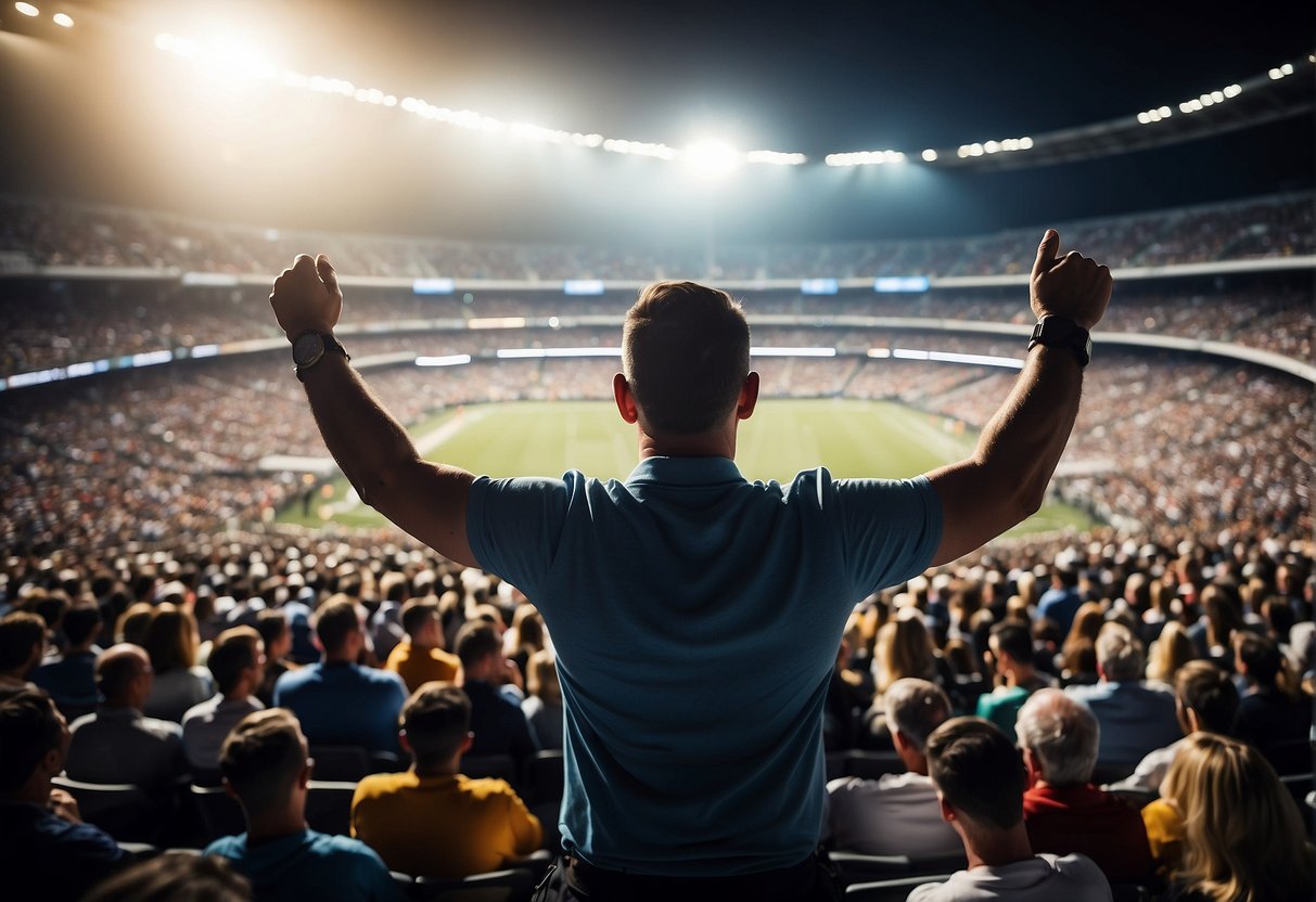 A sports stadium filled with cheering fans, branding and logos of sponsors displayed prominently, while a professional sports speaker engages the audience with an impactful speech
