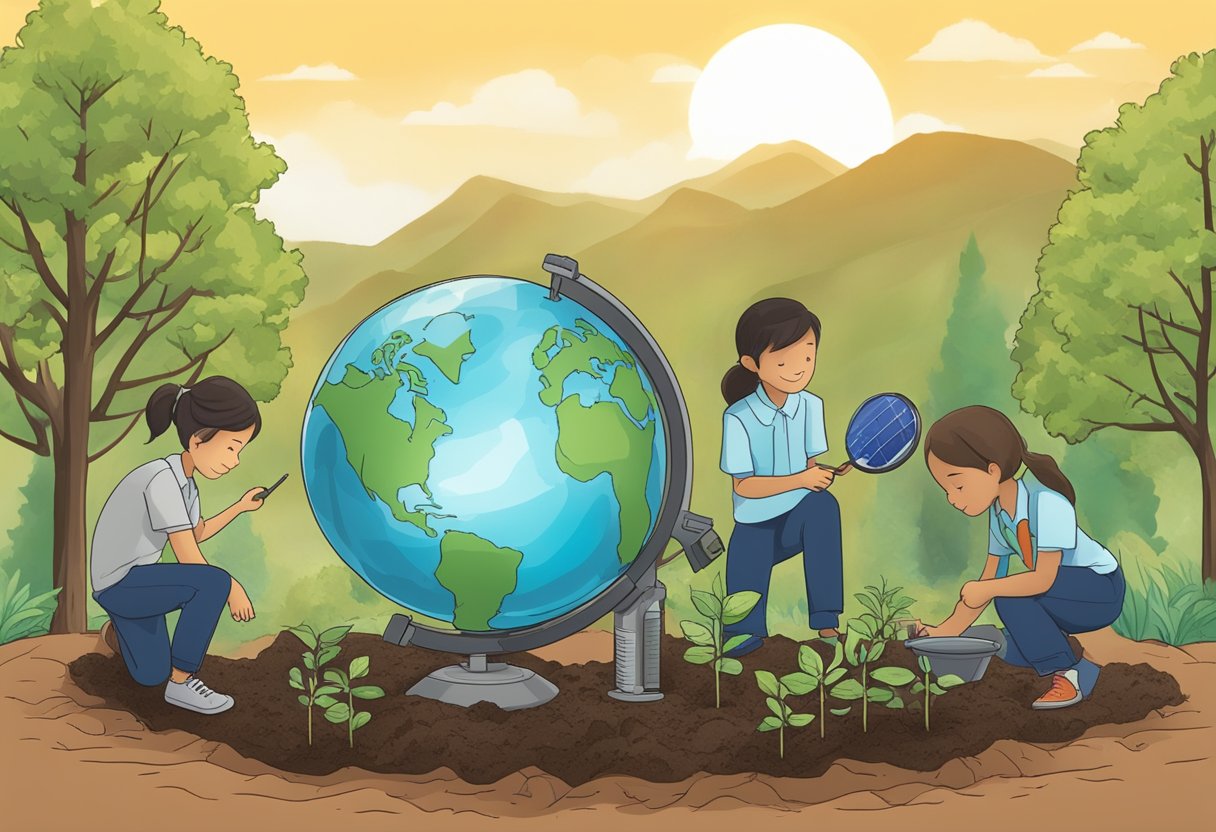 Students measuring carbon levels in soil, planting trees, and constructing solar ovens. A globe in the background shows climate data