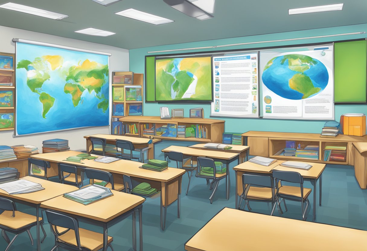 The classroom is filled with resources and materials for teaching climate change. Hands-on activities are displayed, ready for use