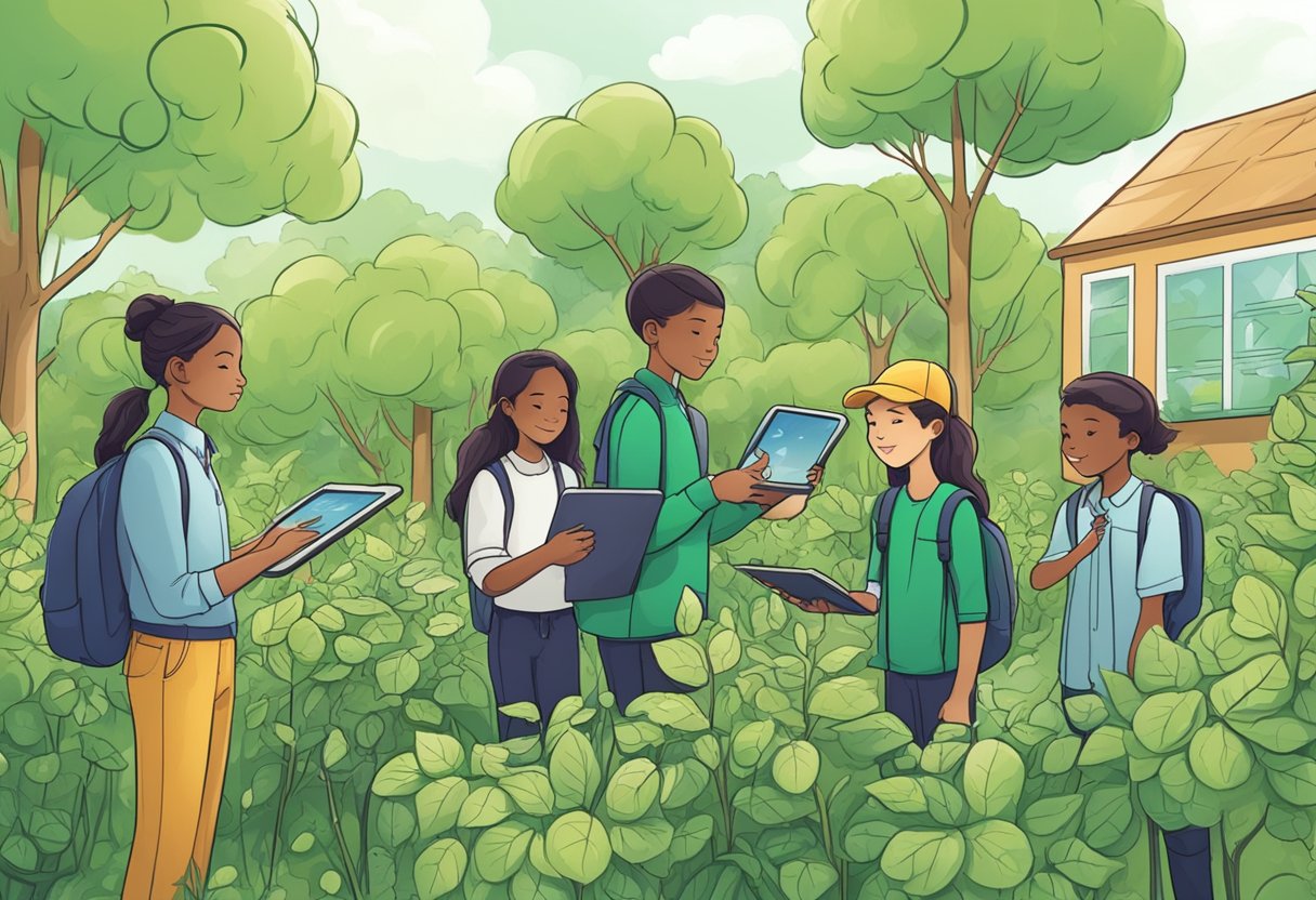 Students using tablets and sensors to measure weather data in a green school garden. A teacher explains the impact of climate change on plant growth