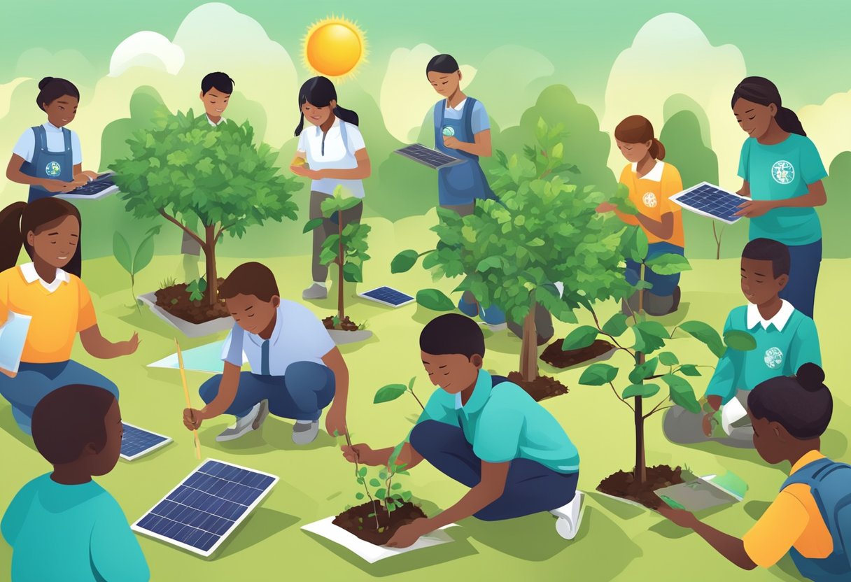 Students planting trees, measuring CO2 levels, and building solar panels. Learning about climate change through hands-on activities