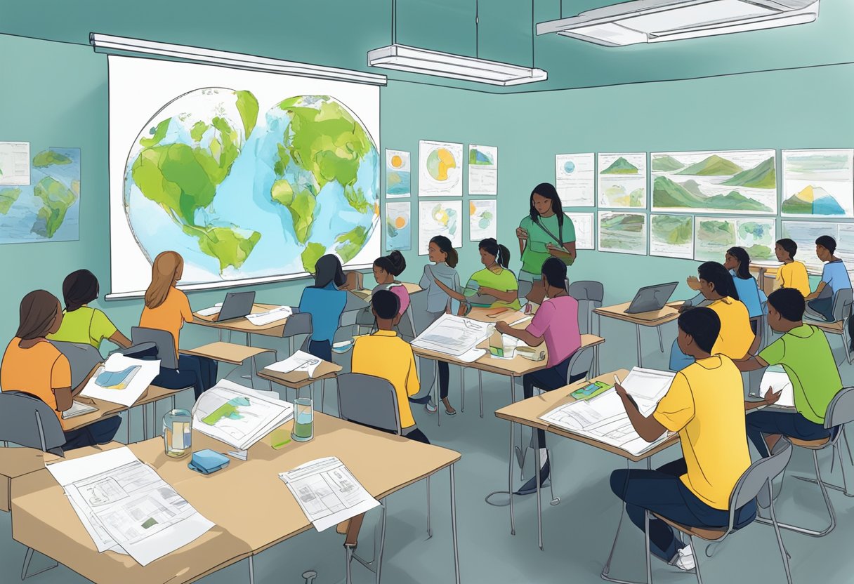 Students conducting experiments on climate change, using models and charts to demonstrate the impact of human activities on the environment