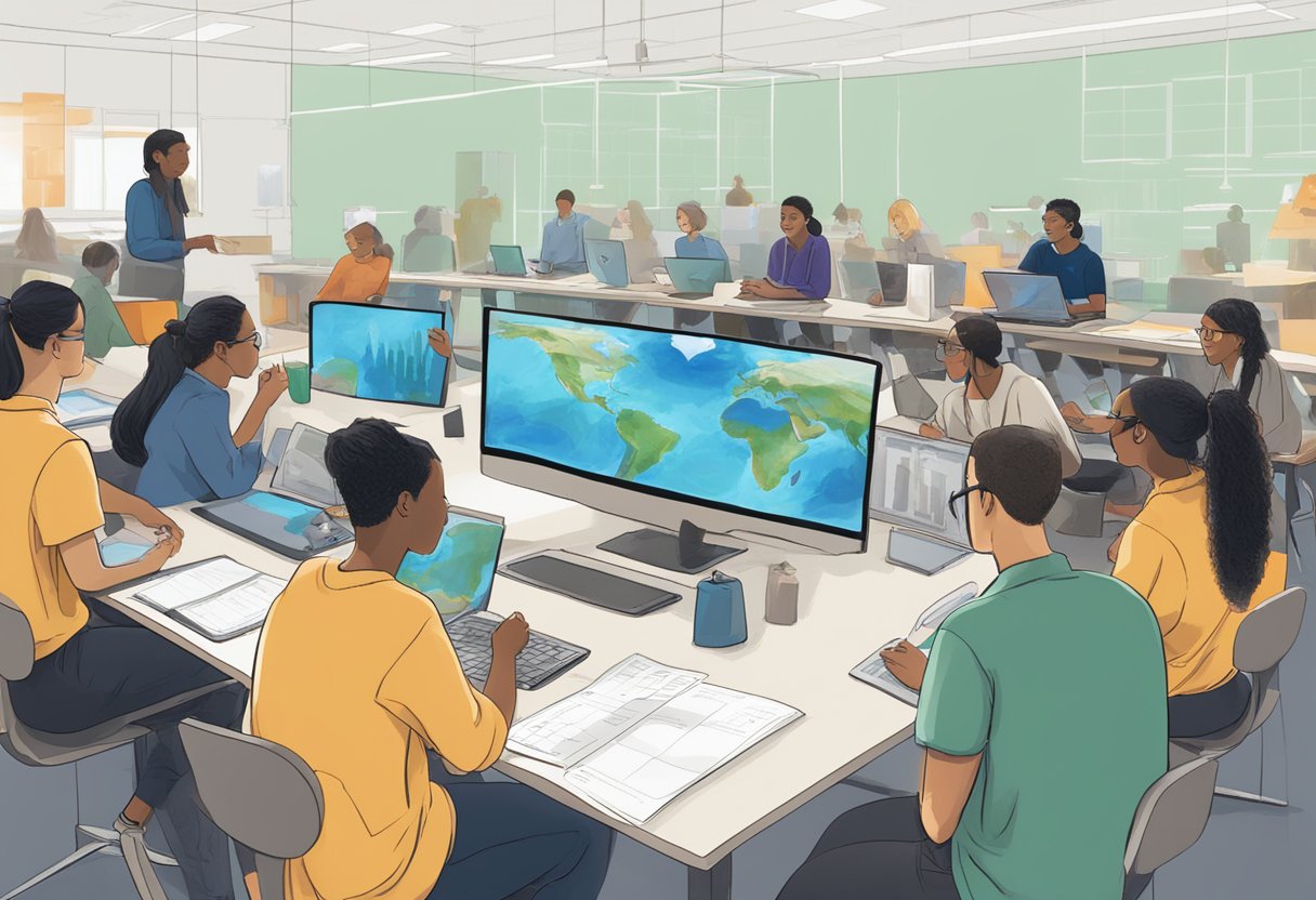 Students conducting experiments, observing data, and engaging in discussions about climate change impacts and solutions
