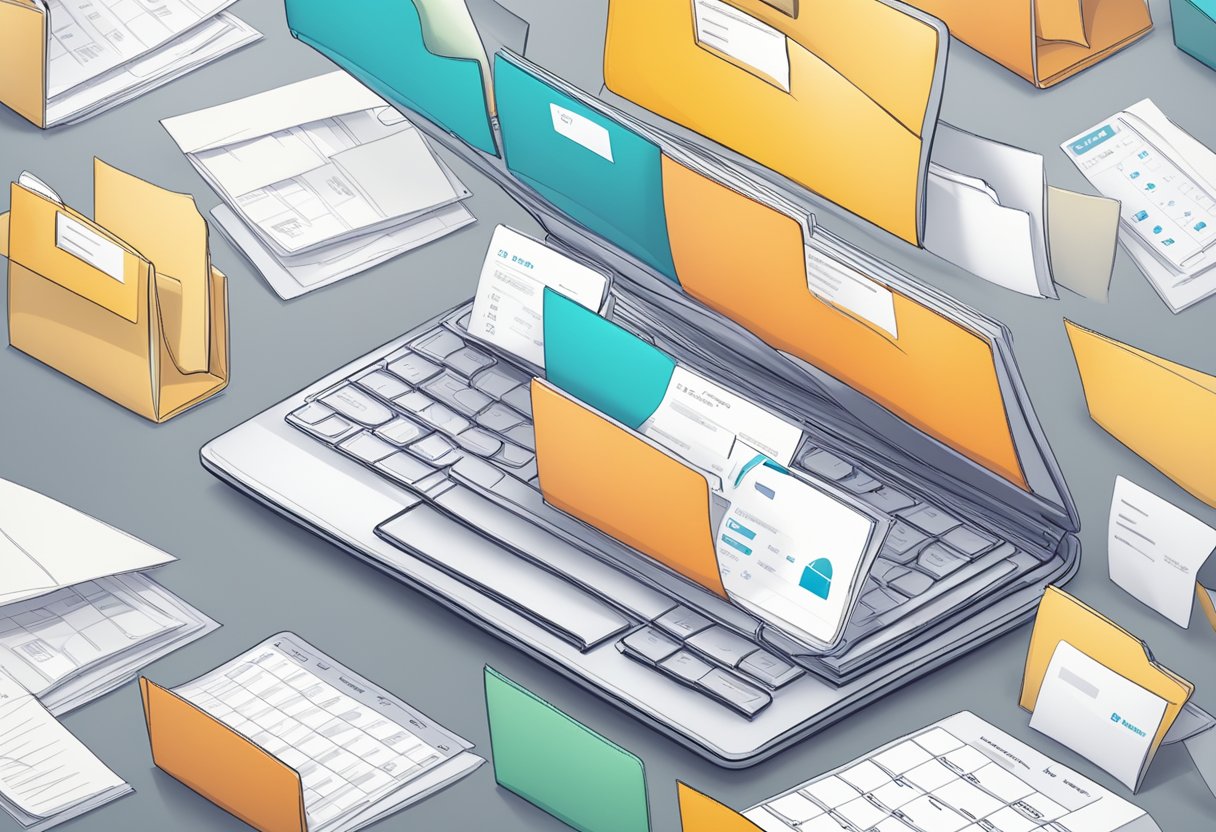 A cluttered inbox with a calendar icon showing 30 days, while a folder labeled "AutoArchive" organizes emails efficiently in Outlook