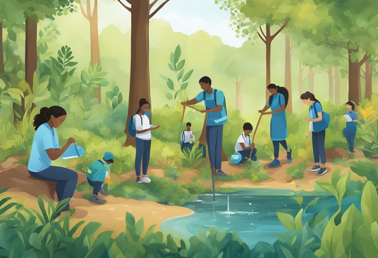 Students planting trees, measuring temperatures, and testing water quality in a lush, biodiverse outdoor environment