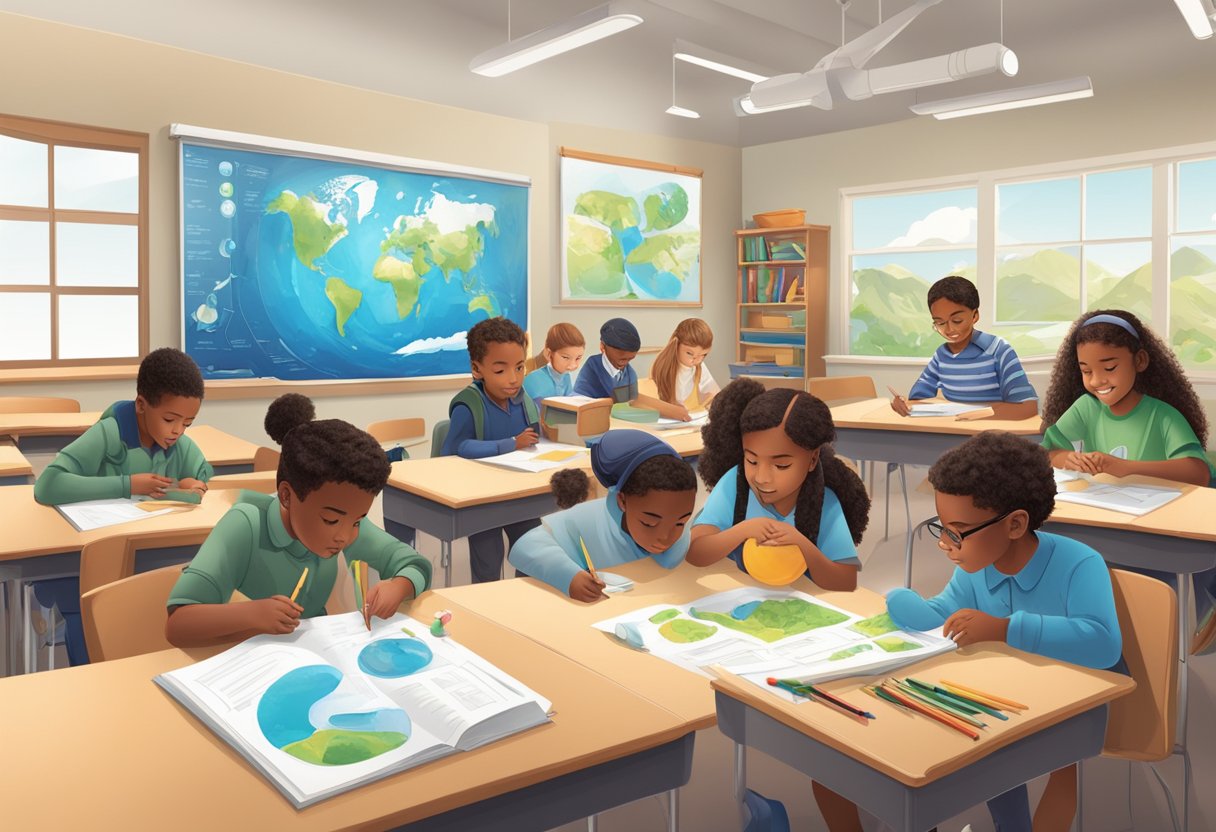 Students engage in hands-on activities, exploring climate change concepts. Charts, models, and experiments fill the classroom, sparking curiosity and learning