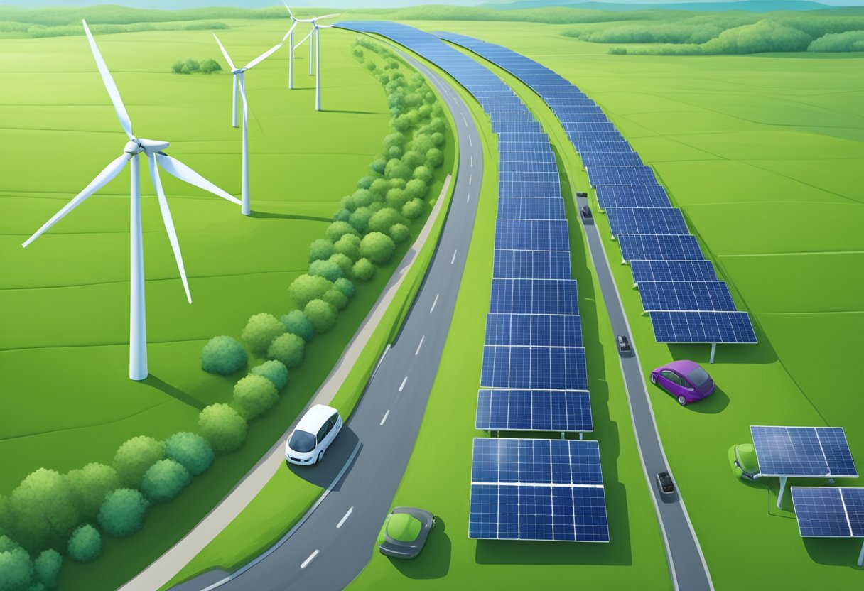 A solar panel array sits on a rolling green landscape, with wind turbines spinning in the distance and electric cars driving on a nearby road