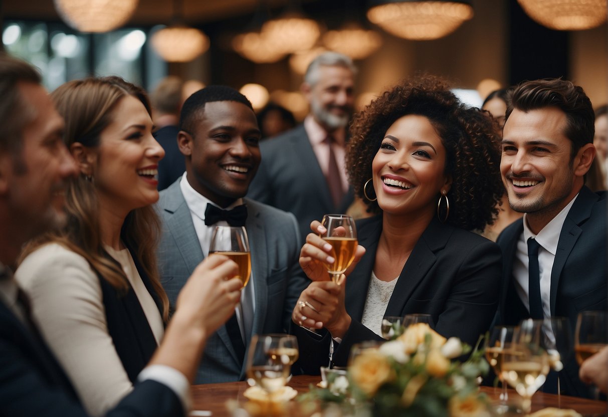 A group of diverse individuals engage in lively conversation, surrounded by elegant decor and refreshments. A speaker prepares to address the attentive crowd