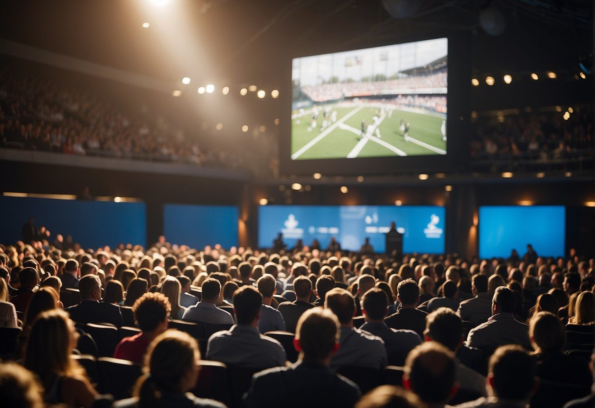 A crowded auditorium listens intently as a professional sports speaker delivers a powerful speech. Charts and graphs showing financial impact are displayed on a large screen behind the speaker