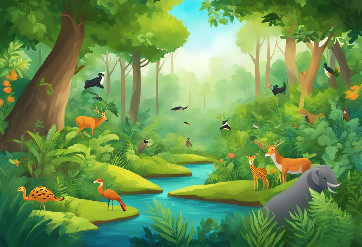 A lush, vibrant forest teeming with diverse plant and animal life, showcasing the interconnectedness and importance of biodiversity in environmental education
