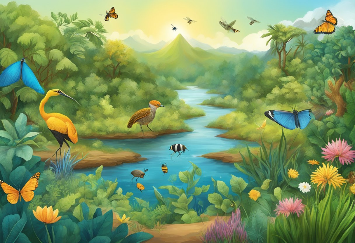 A diverse ecosystem with various plants, animals, and insects coexisting in harmony, showcasing the interconnectedness and importance of biodiversity in environmental education