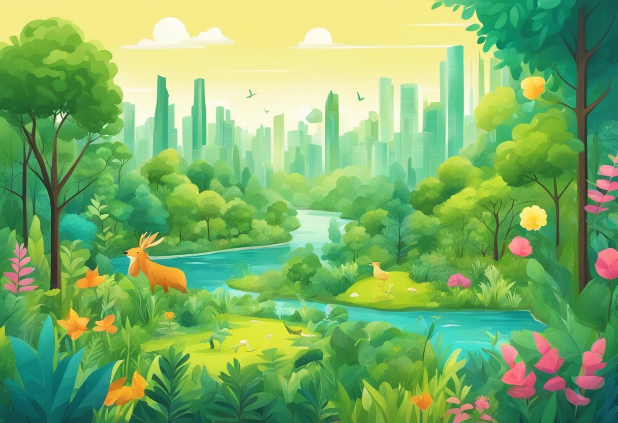 A lush forest teeming with diverse plants and animals. A person using sustainable products and recycling. A vibrant city with green spaces and clean energy
