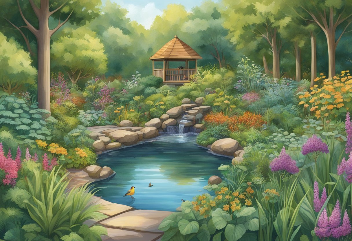 Backyard Ecology: A Guide to Unveiling the Wonders of Your Local Environment Ecology, Backyard Ecology, environment LearningMole A lush garden with native plants, a small pond, and bird feeders, surrounded by trees and shrubs. Insects, birds, and small mammals are seen interacting with the ecosystem