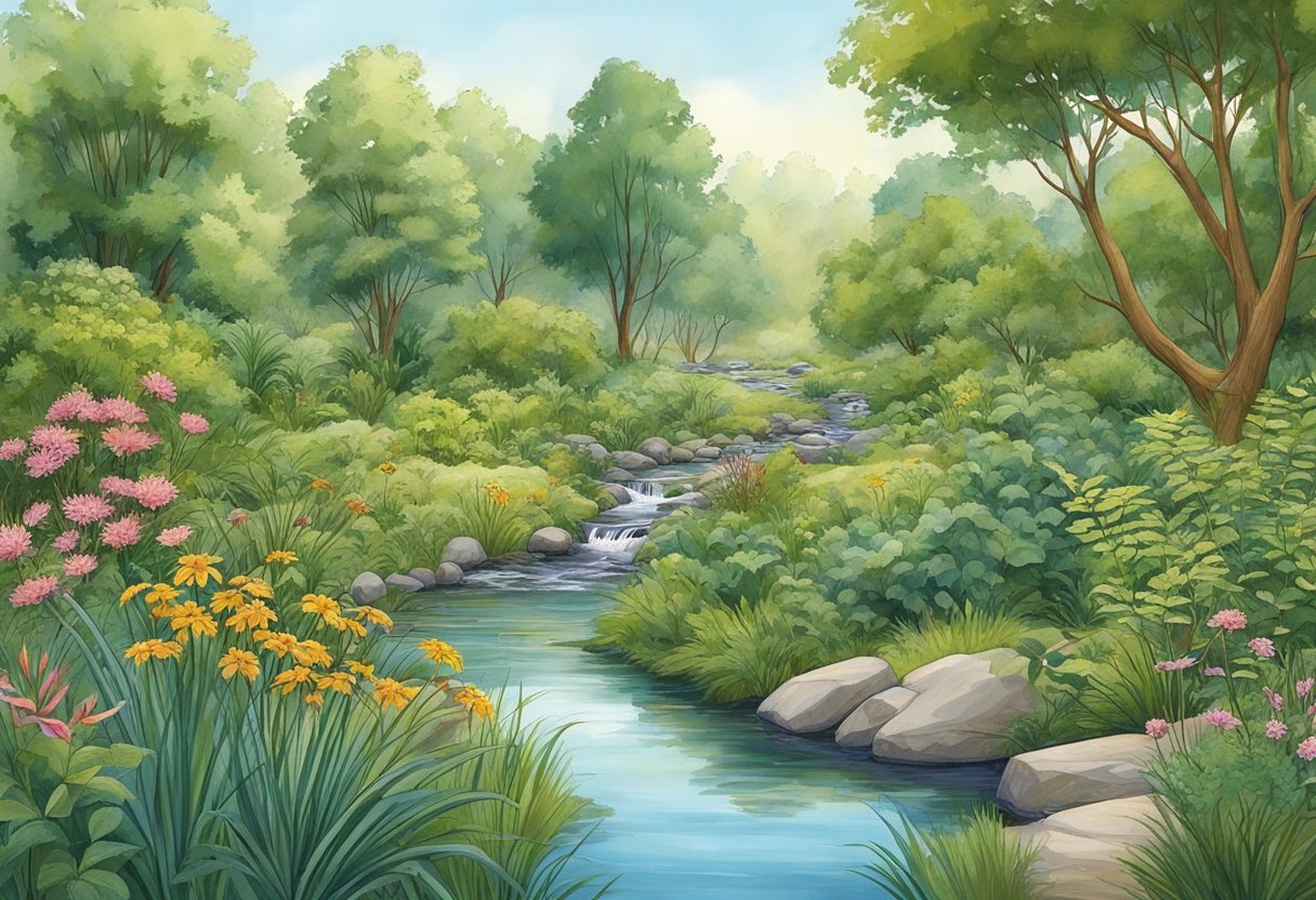 Backyard Ecology: A Guide to Unveiling the Wonders of Your Local Environment Ecology, Backyard Ecology, environment LearningMole A lush backyard with interconnected patches of diverse vegetation, providing habitat for various species. A small stream flows through, connecting different habitats, while birds and insects flit and buzz around the area