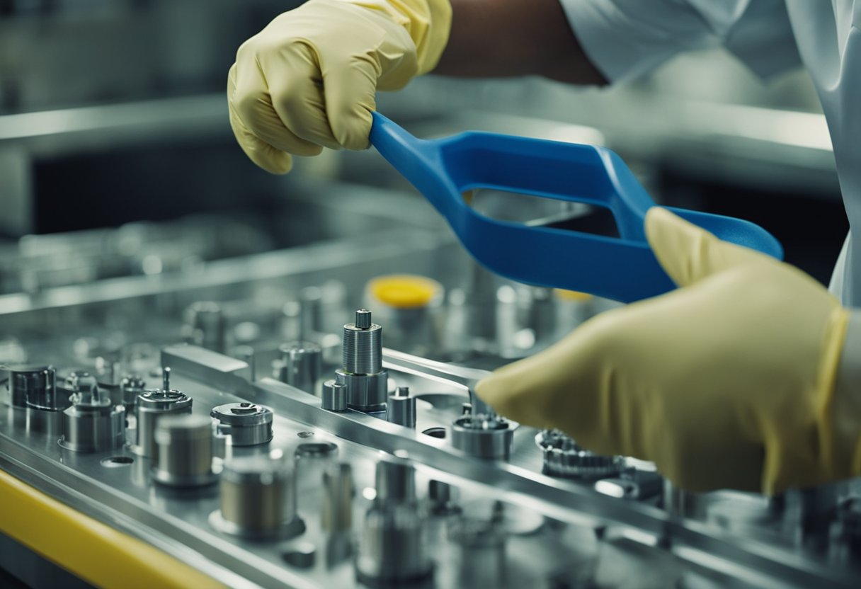 A technician cleans and lubricates a plastic injection mold, inspecting for wear and damage. Tools and maintenance supplies are neatly organized nearby