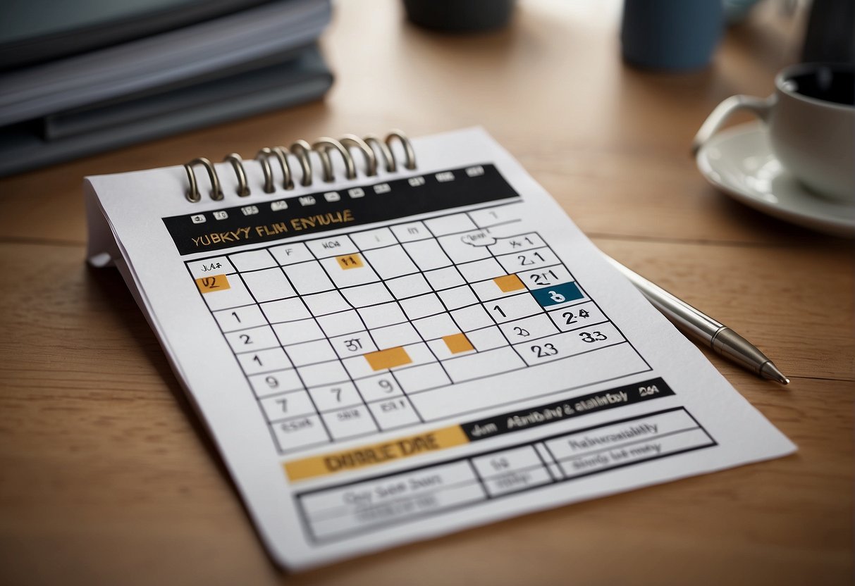 A calendar with event date circled, and a speaker's schedule with availability marked. Logistics symbols like arrows and checkmarks show coordination