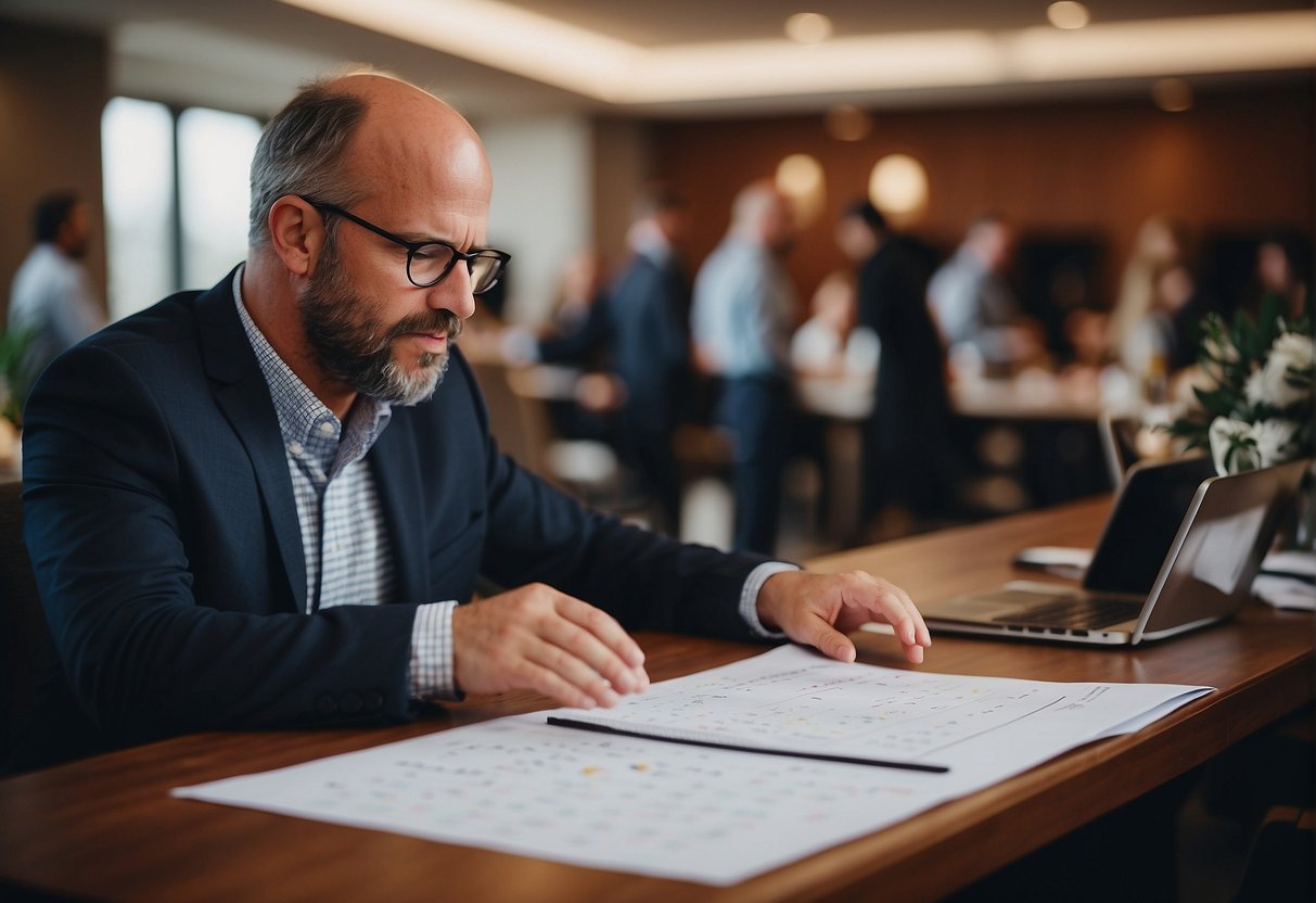 A busy event planner checks a calendar, stressing over a speaker's availability for an upcoming event