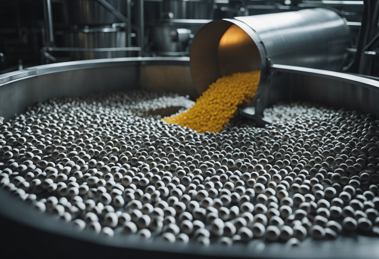 A conveyor belt moves plastic pellets into a heated barrel. A mold closes, injecting the molten plastic into the shape. The mold opens, releasing the finished product