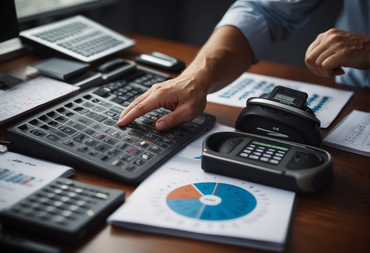 A person pointing at a calendar, circling a date, and a stack of speaker profiles on a desk