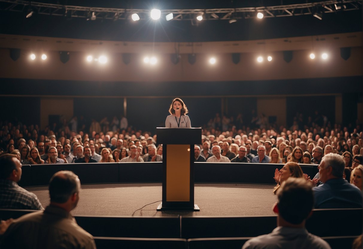 A podium with a microphone stands at the center of a stage, surrounded by eager audience members. A sign with the words "Identifying the Right Speaker Tips for Securing a Booked Speaker" hangs above the stage