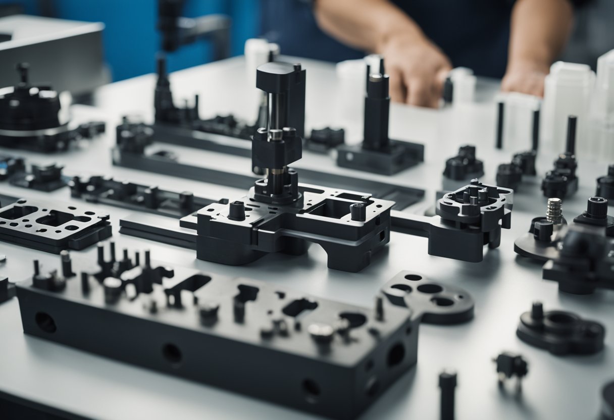 The metric injection mold components are arranged on a clean, well-lit workbench, with precise measurements and intricate details visible