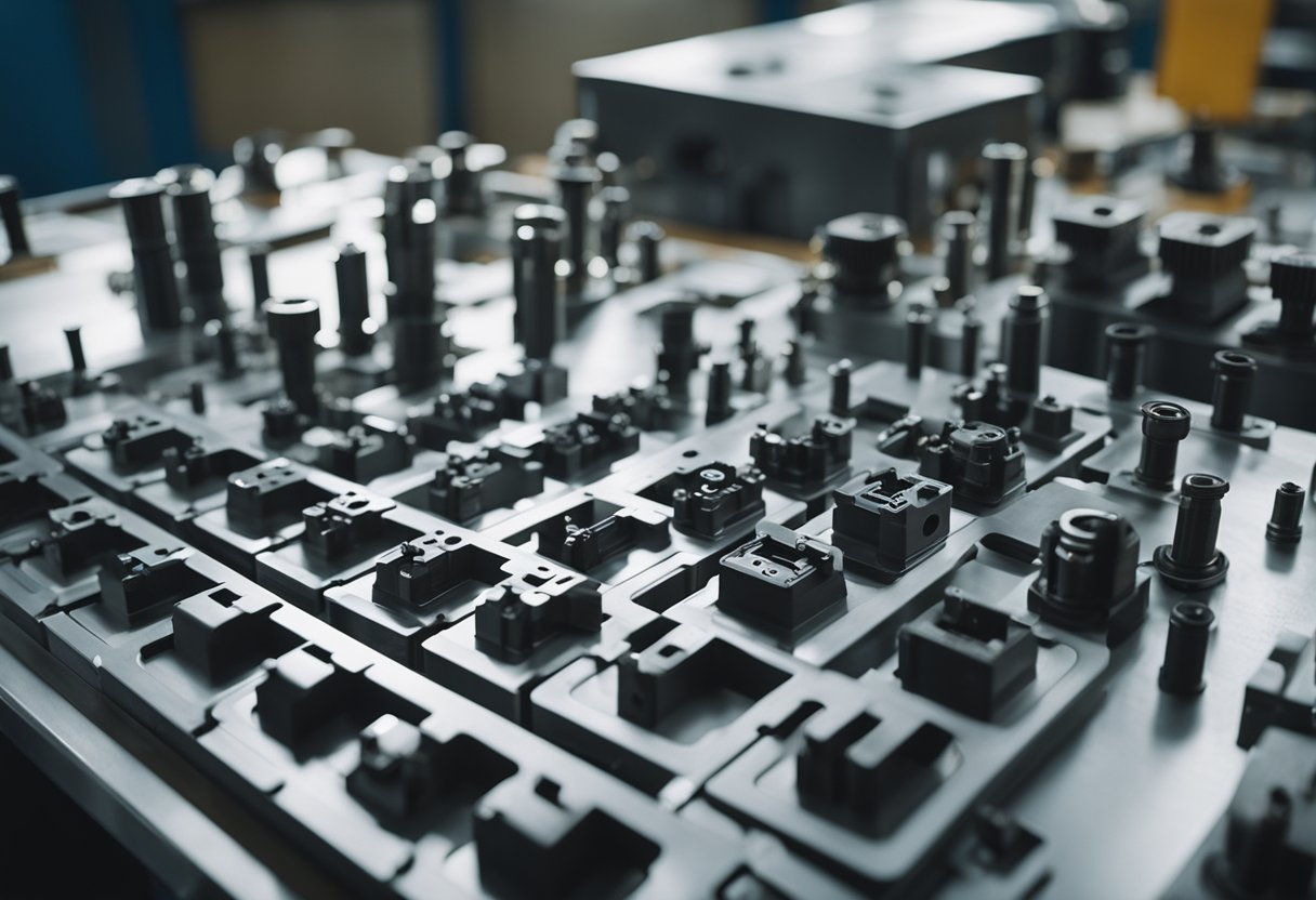 An array of metric injection mold components arranged on a worktable in a well-lit workshop
