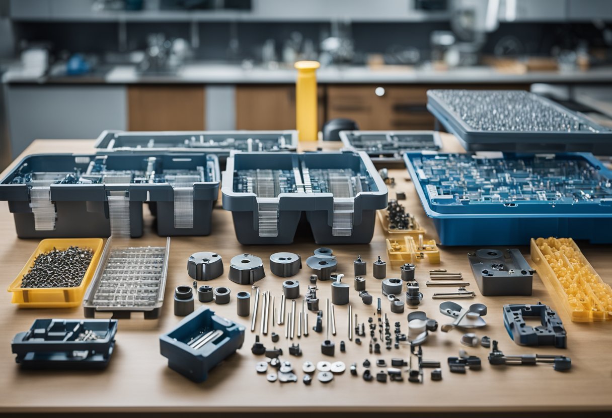 Various standard metric components for injection molds are neatly organized on a workbench, including ejector pins, guide pins, and mold bases