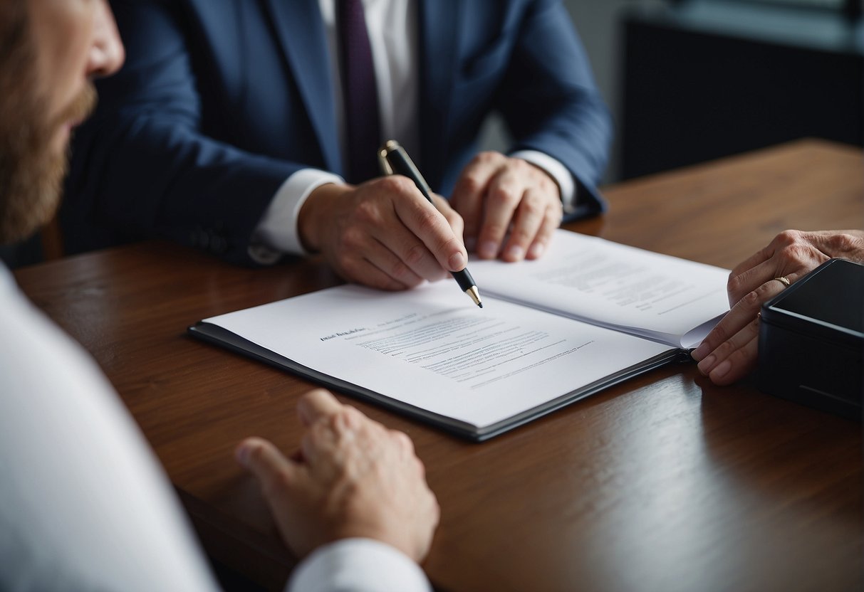 A contract being signed with a speaker and event organizer shaking hands in agreement