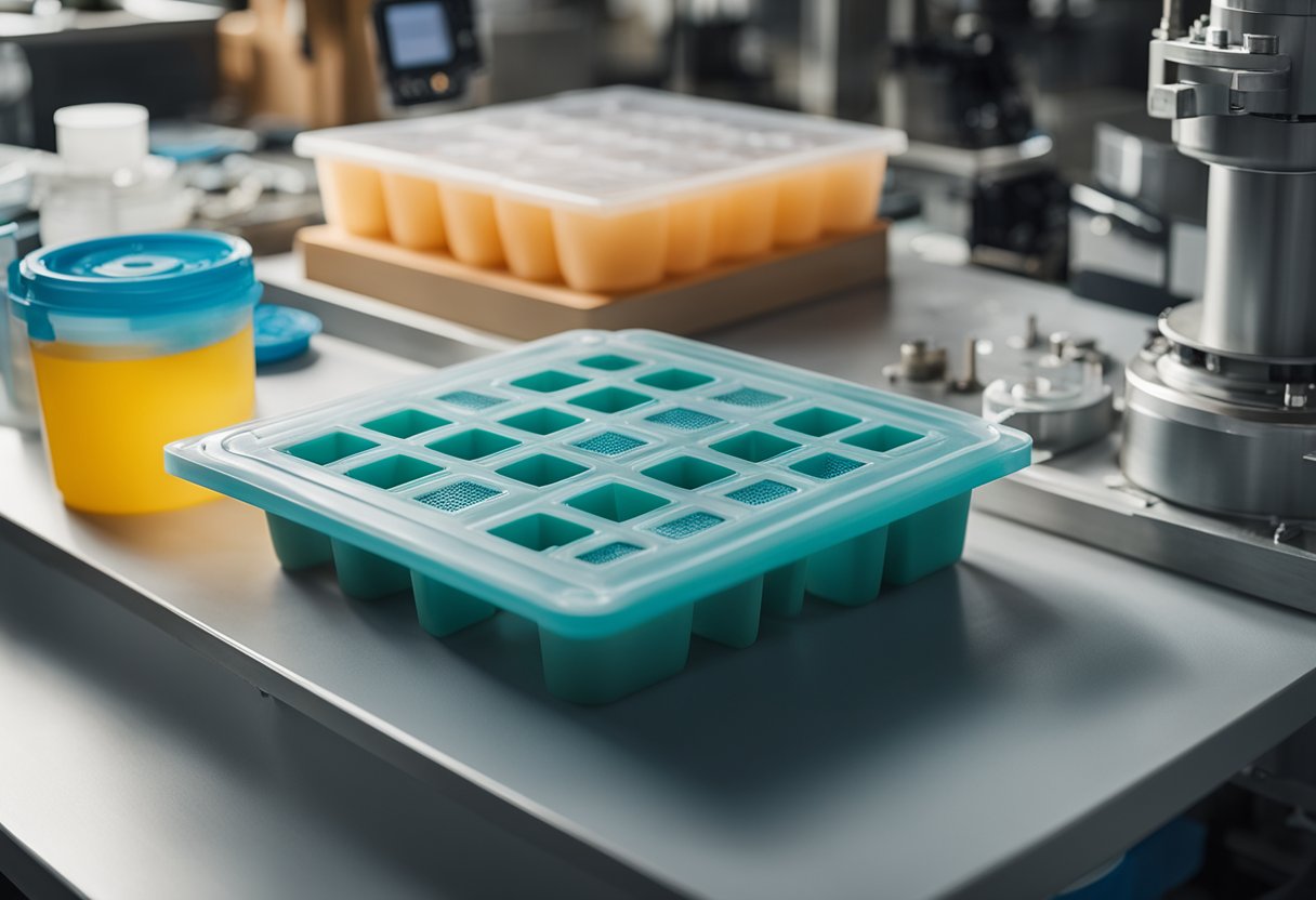 A silicone mold sits on a worktable, surrounded by plastic injection equipment. The mold is smooth and flexible, with intricate details and a sturdy frame