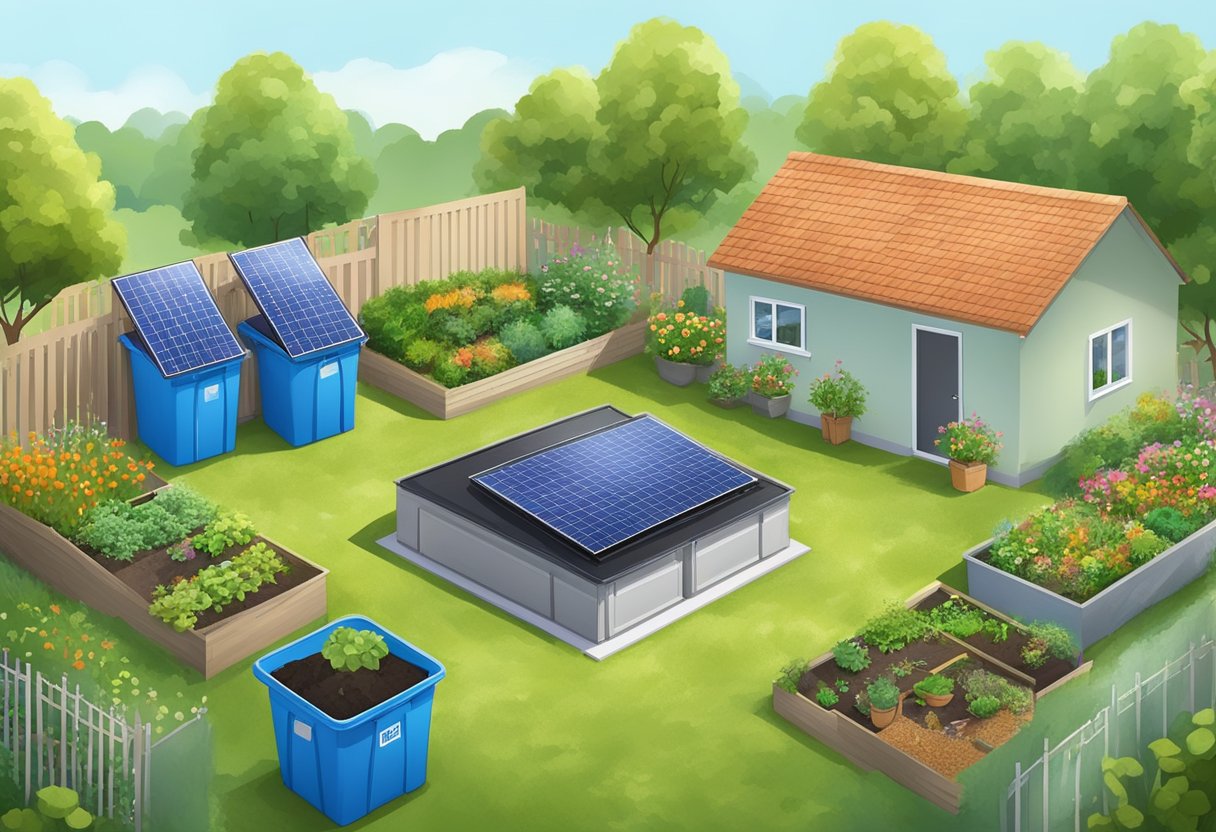 Raising Environmentally Conscious Kids: 7 Effective Strategies for Eco-Friendly Parenting Environment, Eco-Friendly LearningMole A family garden with compost bins, solar panels on the roof, and a rainwater harvesting system. Recycling bins and reusable shopping bags are visible