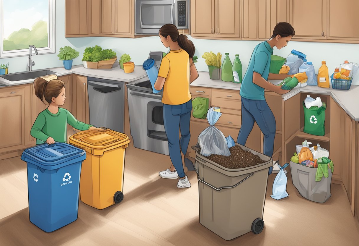Raising Environmentally Conscious Kids: 7 Effective Strategies for Eco-Friendly Parenting Environment, Eco-Friendly LearningMole A family sorting recyclables into separate bins, with a compost bin nearby. A reusable water bottle and cloth grocery bags are visible