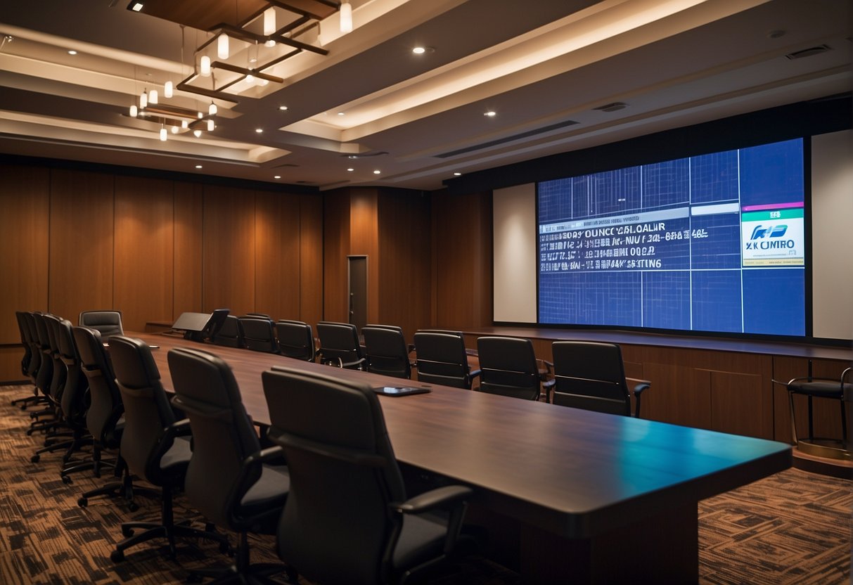 A conference room with a podium and microphone set up, chairs arranged in rows, and a projector screen displaying a schedule