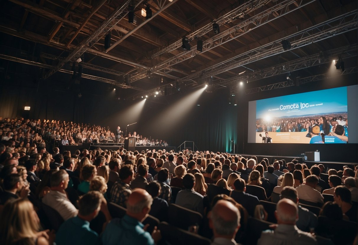 A crowded event space with a stage and podium. Attendees engrossed in a speaker's presentation. Branding and signage visible throughout the venue