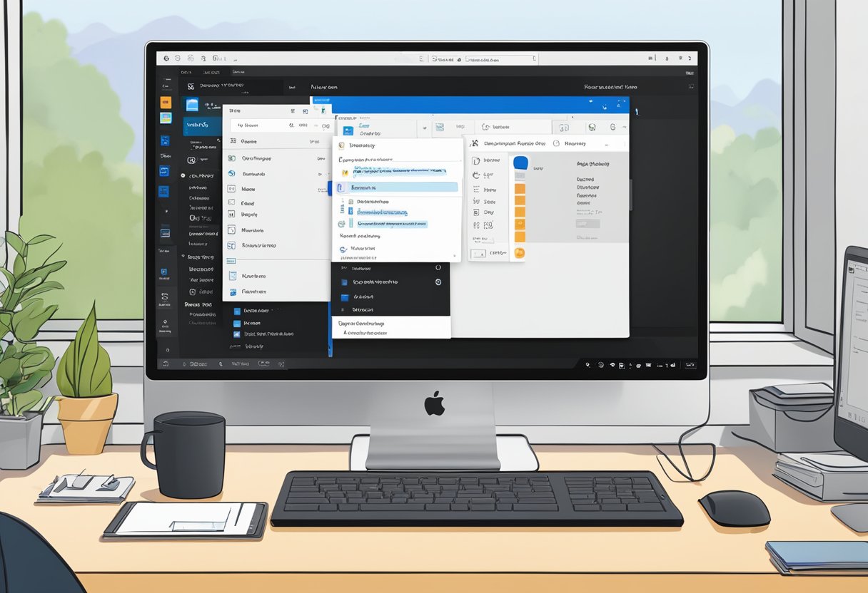 A computer screen with the Outlook application open, displaying the settings menu with the option to switch to dark mode highlighted