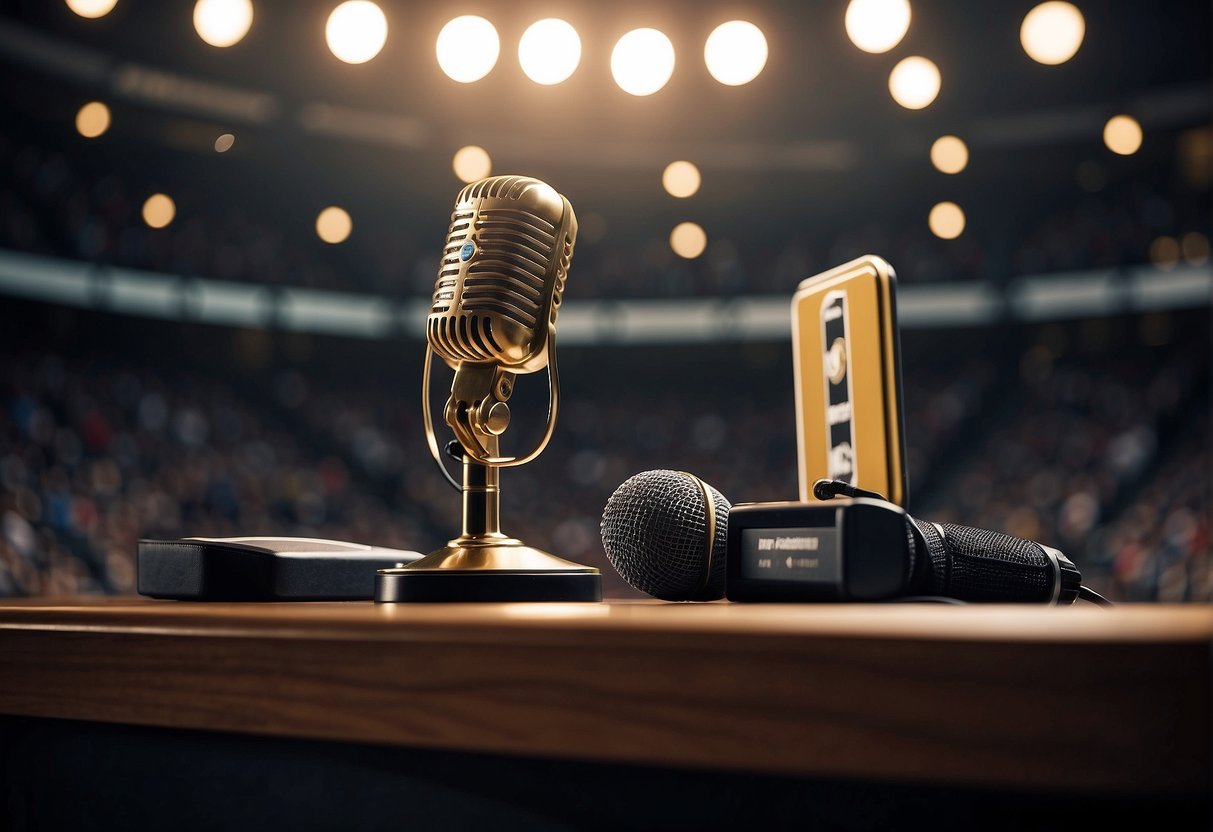 A podium with a microphone, surrounded by sports-related props and equipment. A spotlight shines on the podium, highlighting the importance of the speaker profiles