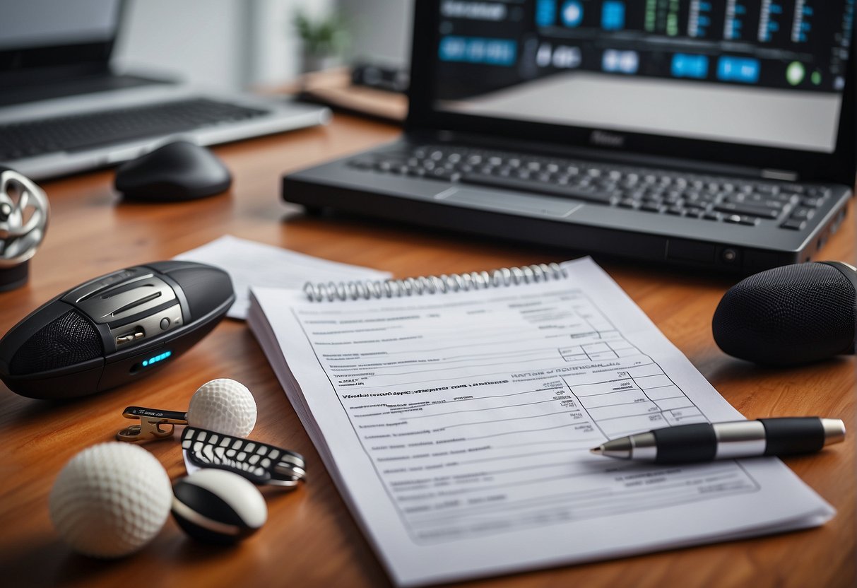 A table with a checklist of criteria for selecting sports speakers, surrounded by research materials and a computer for analysis