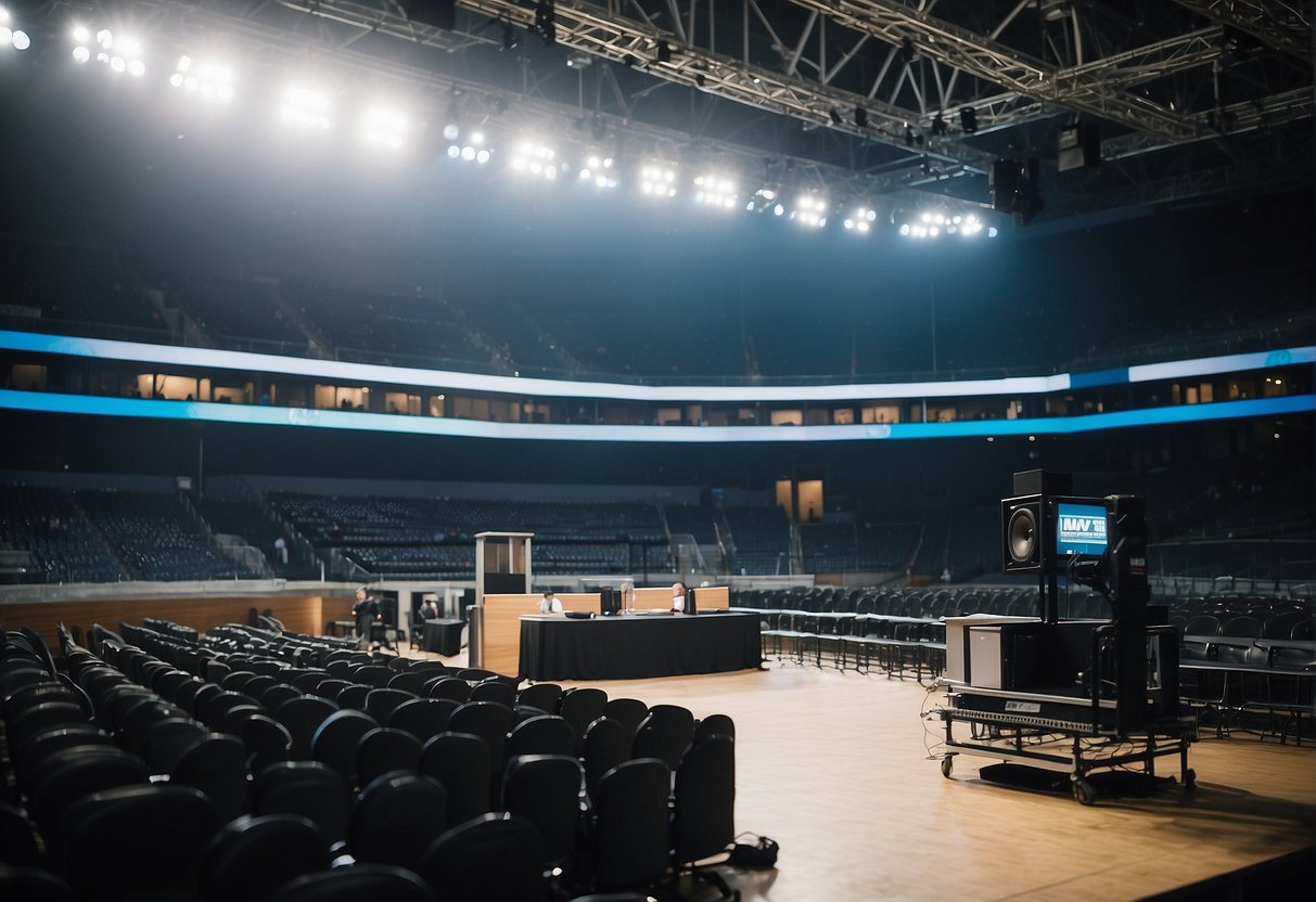 The scene shows a sports event venue with signage, seating, and equipment. A speaker podium is set up with microphones and audio-visual equipment. Staff are organizing logistics and preparing for the event