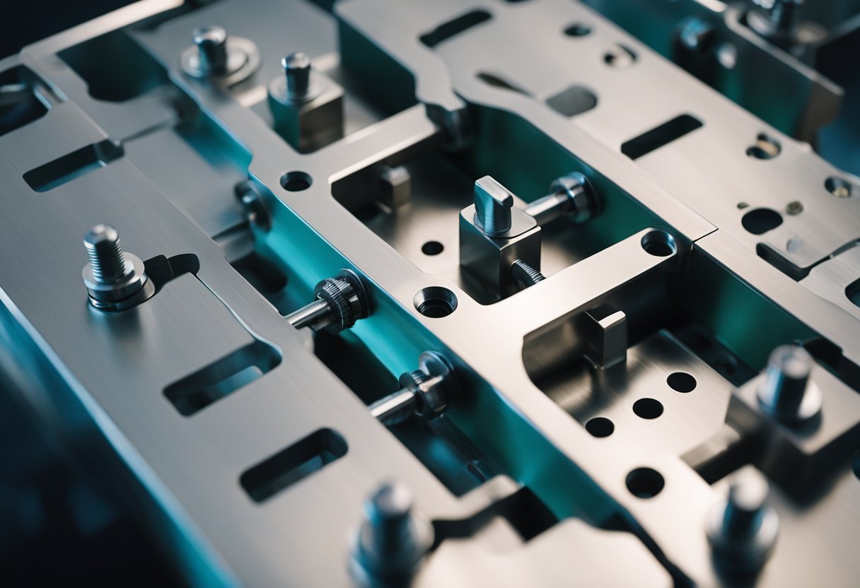 Injection mold locking mechanism: Two metal plates clamping together tightly, with precision-engineered bolts and levers securing the mold in place