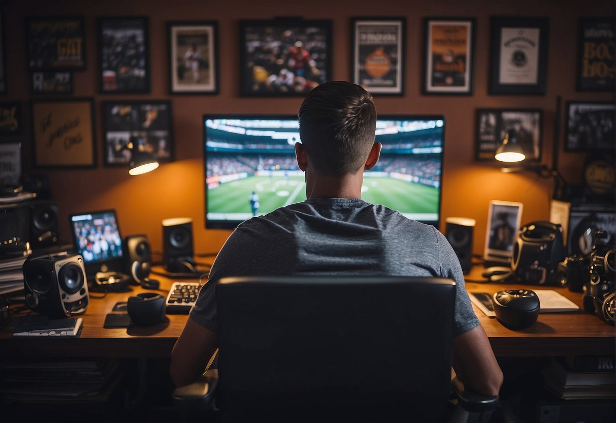 A person sitting at a computer, surrounded by sports memorabilia and books, searching online for professional sports speakers