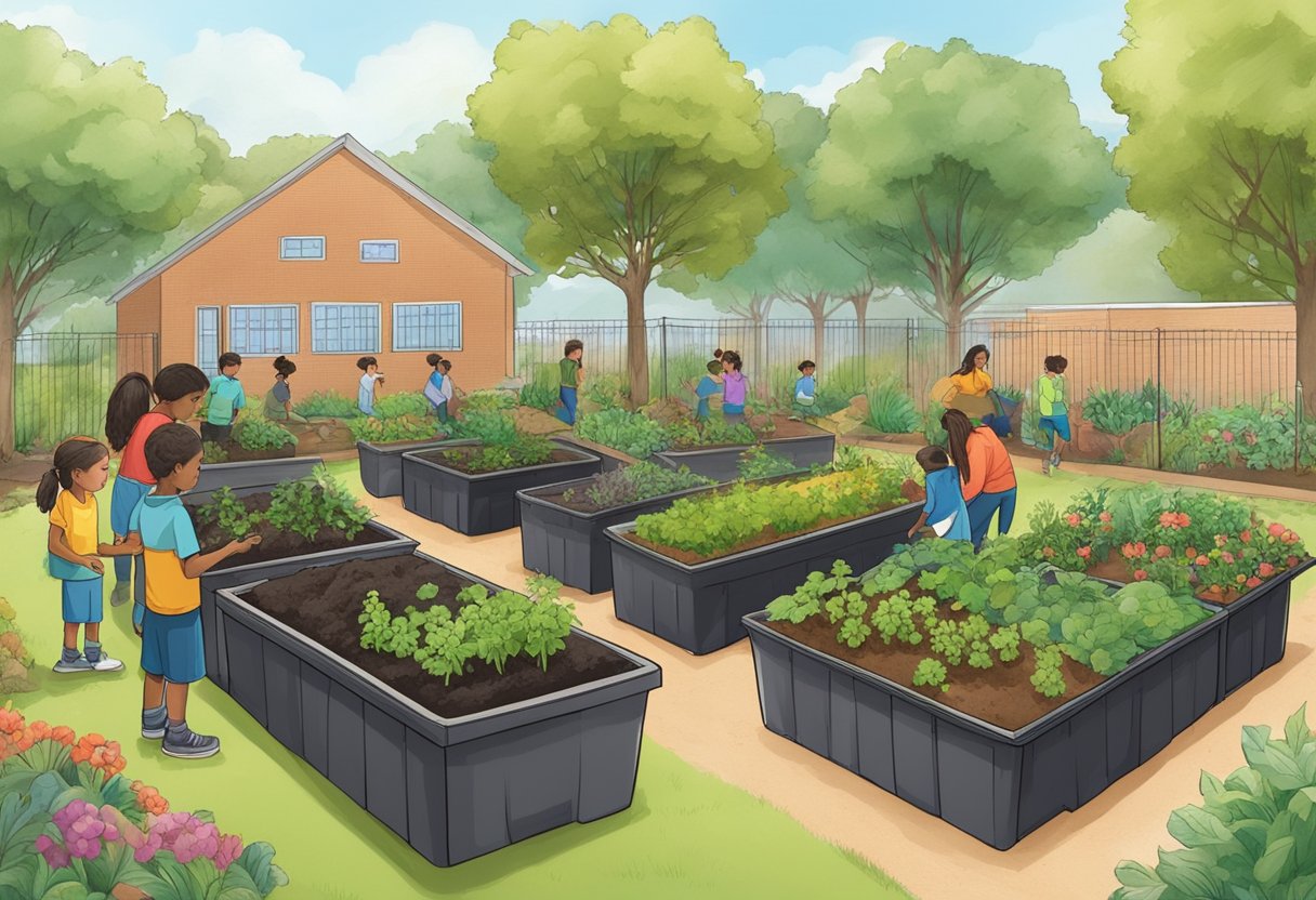 The Science Behind Composting: Cultivating Knowledge in the School Garden Composting LearningMole A school garden with compost bins, plants thriving from compost, and students using compost in the garden