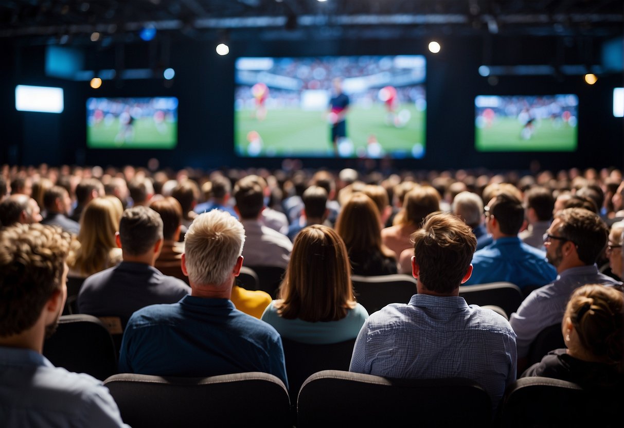 Potential sports speakers evaluated in a vibrant event space with engaging visuals and interactive elements. Audience members are captivated and immersed in the experience