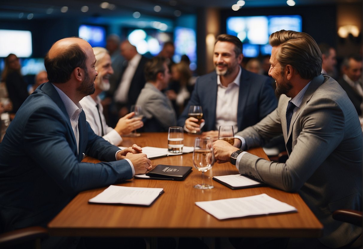 A group of professional sports speakers engage in lively discussions at a networking event, surrounded by industry professionals and sporting memorabilia